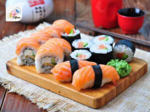 Japanese Dishes Rolls Sushi Filled with Salmon