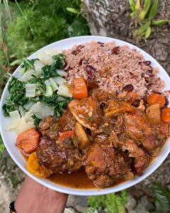 A full serving of brown stew chicken with rice and beans.